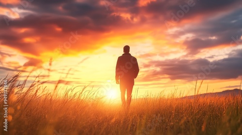 Silhouette of Man Walking in Field at Sunset