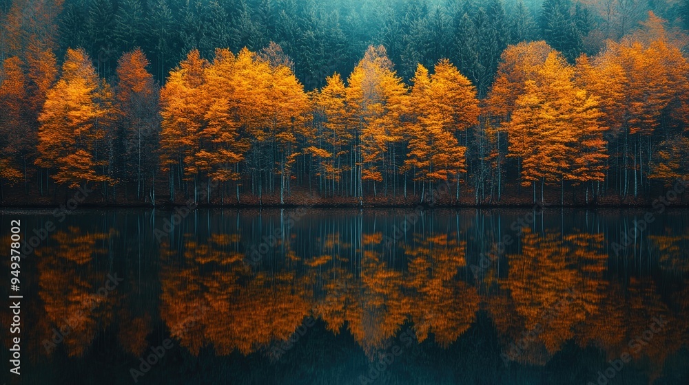 Vibrant Autumn Forest Reflected in a Tranquil Lake Amidst Misty Atmosphere