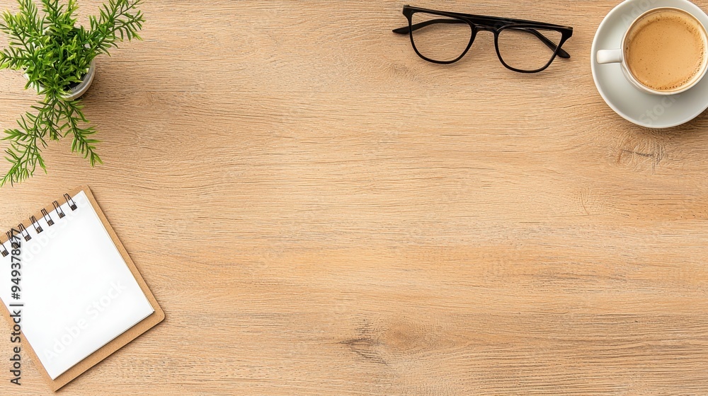 Wooden Table Top with Blank Notepad Coffee Cup Eyeglasses and Plant Wooden Table Top with Blank Notepad Coffee Cup Eyeglasses and Plant