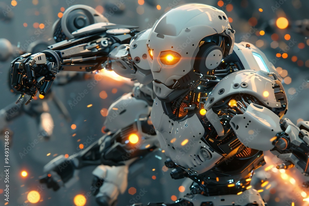 Cyberpunk robot wearing smart armor, battling robotic enemies, 3D render, created by ai Cyberpunk robot wearing smart armor, battling robotic enemies, 3D render, created by ai