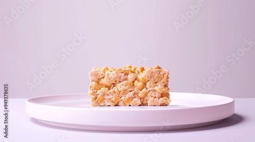 A Rectangular Slice of Golden Brown Rice Krispie Treat on a White Plate photo