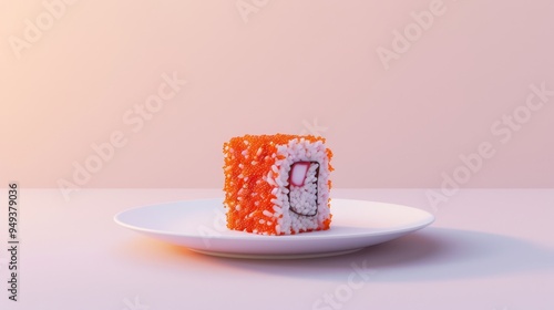 Single Piece of California Roll Sushi on a White Plate photo