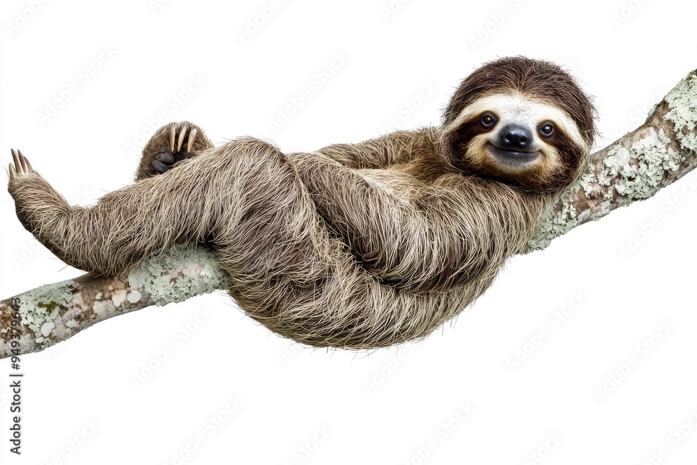 Sloth, Animal of Costa Rica on white background, isolated, funny animal hanging on tree branch scratching belly, cute, funny and chilled with generative ai Sloth, Animal of Costa Rica on white background, isolated, funny animal hanging on tree branch scratching belly, cute, funny and chilled with generative ai