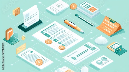 Detailed illustration of a bank loan approval process with documents credit checks and approval stamps