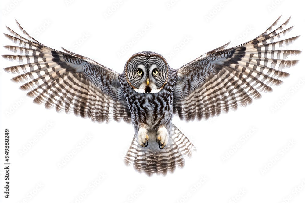 Stunning capture of a great grey owl with wide-spread wings,flying against a pure white background with generative ai Stunning capture of a great grey owl with wide-spread wings,flying against a pure white background with generative ai