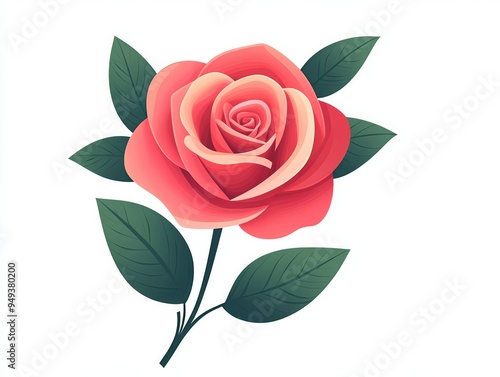 Beautiful illustration of a pink rose with green leaves on a white background, showcasing natural beauty and elegance in floral design.