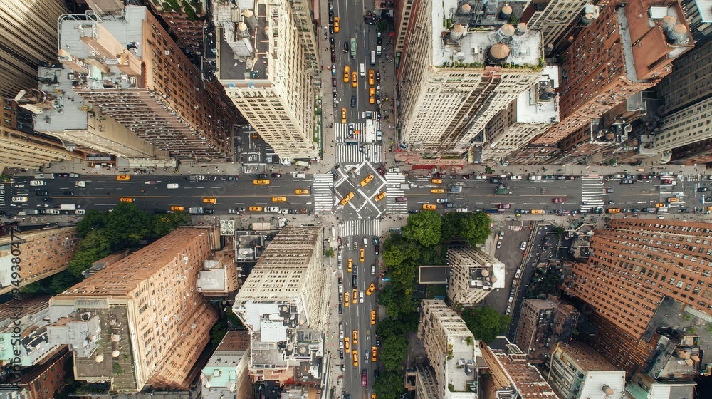 Fototapeta premium Aerial View of City Intersection with Traffic and Buildings