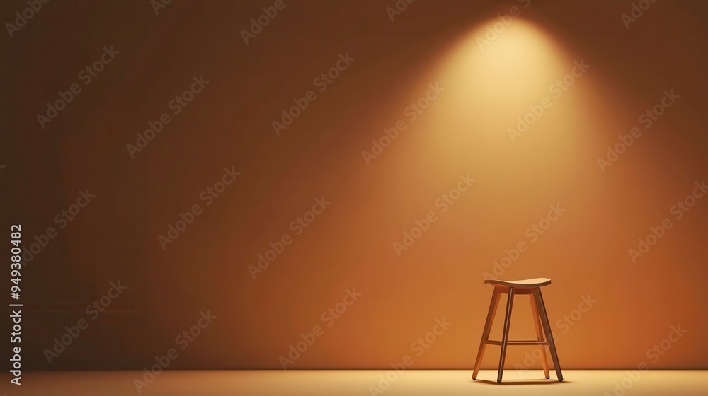 A simple wooden stool illuminated by a spotlight against a warm wall, creating a minimalist and inviting atmosphere. A simple wooden stool illuminated by a spotlight against a warm wall, creating a minimalist and inviting atmosphere.