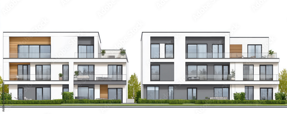 Two tall buildings with balconies and windows. The buildings are white and gray Two tall buildings with balconies and windows. The buildings are white and gray