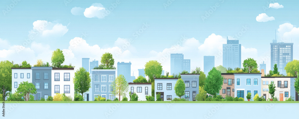 A cityscape with a row of houses and trees. The houses are all different sizes and are lined up next to each other. The sky is blue and there are clouds in the background A cityscape with a row of houses and trees. The houses are all different sizes and are lined up next to each other. The sky is blue and there are clouds in the background