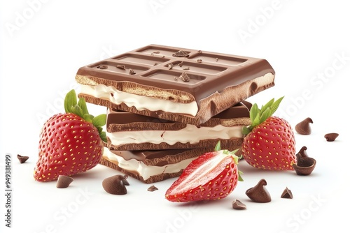 Stack of Chocolate Bars with Strawberries and Chocolate Chips photo