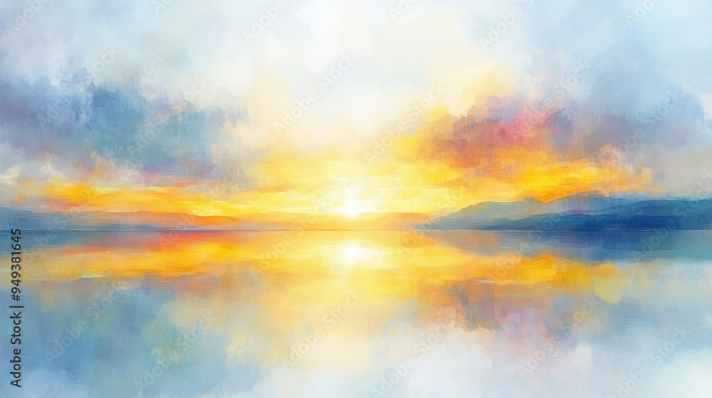 Fototapeta premium A painting of a sunset with a reflection of the sun on the water. The mood of the painting is serene and peaceful