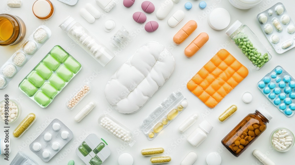 Assorted Pills and Supplements on White Background Assorted Pills and Supplements on White Background
