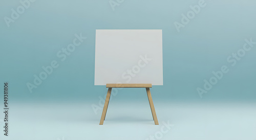 A Blank White Board on an Easel in Front of a Light Blue Background 