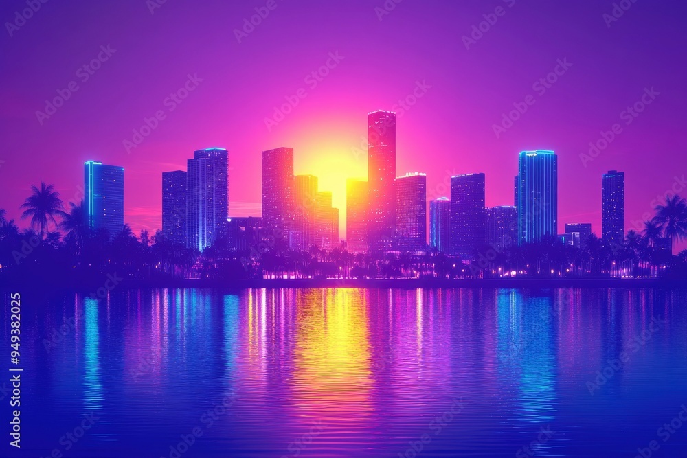 A Vibrant City Skyline at Sunset with Palm Trees and a Reflecting Waterway