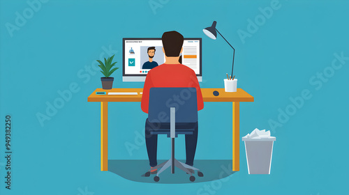 Man working from home, sitting at a desk, using a computer for a video call.