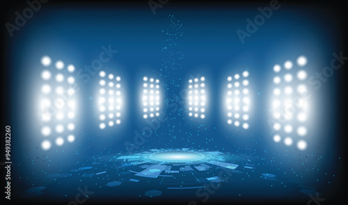 Abstract technology background stadium stage hall with scenic lights of round futuristic technology user interface Blue vector lighting empty stage spotlight background.