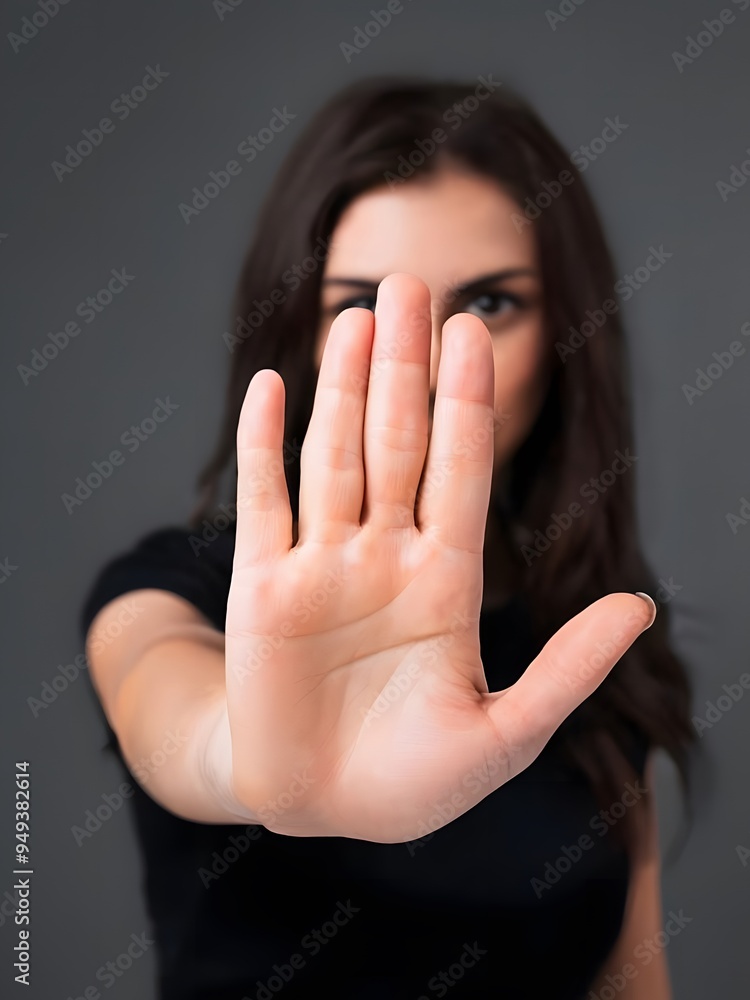Close up focus on female palm hand showing stop sign, woman protesting against bullying in society, sexual or racial discrimination, denying family abuse indoors Close up focus on female palm hand showing stop sign, woman protesting against bullying in society, sexual or racial discrimination, denying family abuse indoors
