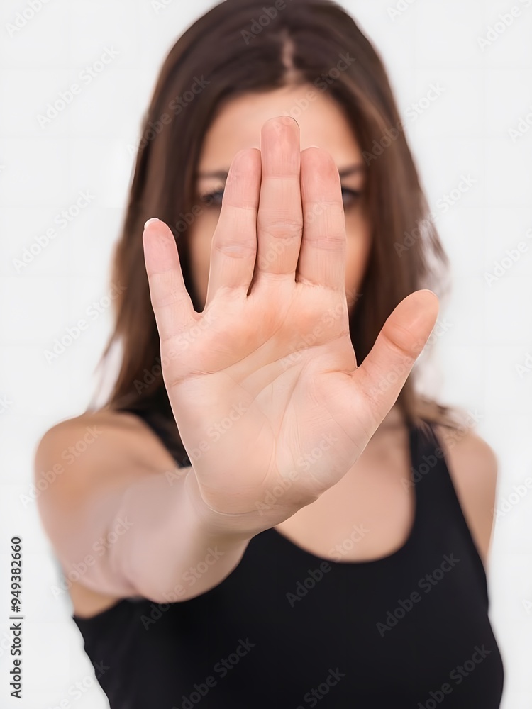 Close up focus on female palm hand showing stop sign, woman protesting against bullying in society, sexual or racial discrimination, denying family abuse indoors Close up focus on female palm hand showing stop sign, woman protesting against bullying in society, sexual or racial discrimination, denying family abuse indoors