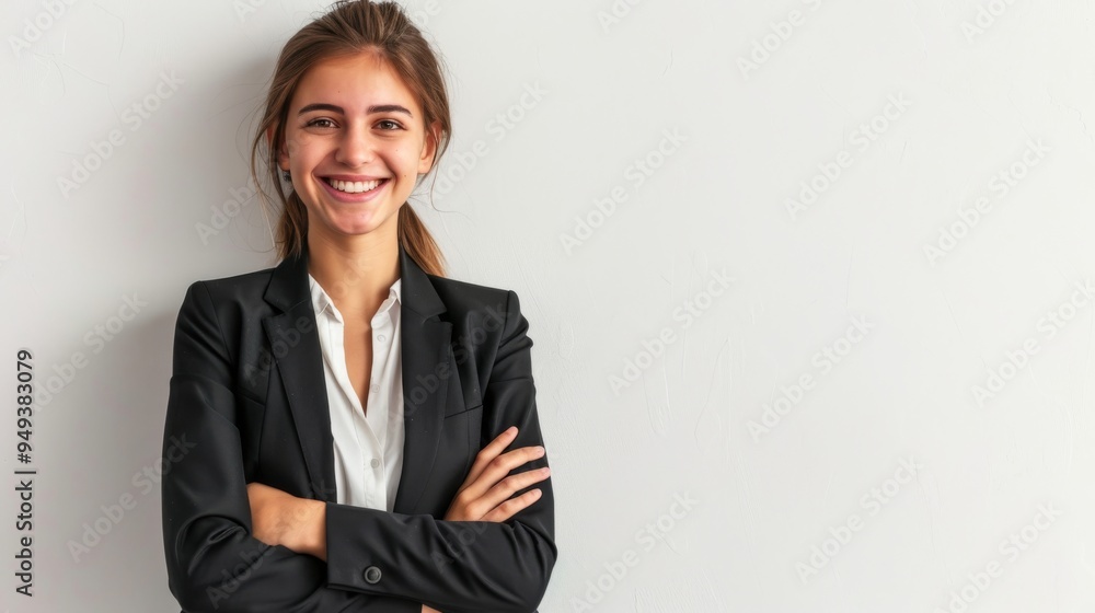 Smiling businesswoman in black suit with arms crossed. Portrait isolated on white background. . Smiling businesswoman in black suit with arms crossed. Portrait isolated on white background. .