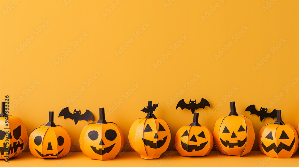 Row of carved Halloween pumpkins with bat decorations on an orange background Row of carved Halloween pumpkins with bat decorations on an orange background