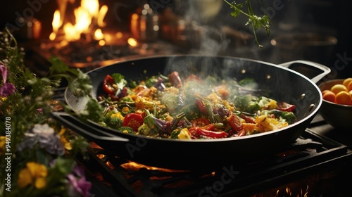 Busy chef cooking stir fry in the kitchen copy space image 