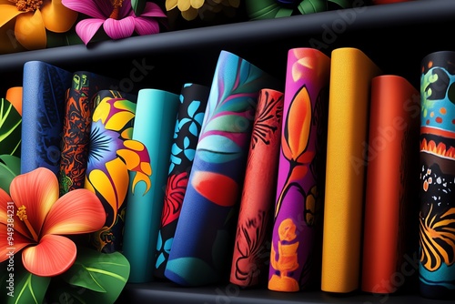 National Hispanic Heritage Month with a focus on language and literature, illustrated in a scene where a library hosts a reading of Hispanic literature, with books, poetry, and essays displayed