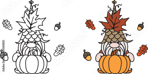 Groovy cute autumn harvest gnome holding pumpkin with leaf and acorn falling, with editable thickness of the lines. Vector illustration.