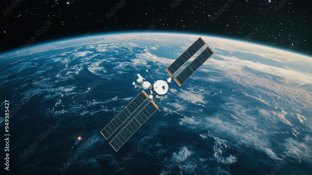 Obraz premium Satellite Orbiting Earth with Solar Panels and Stars