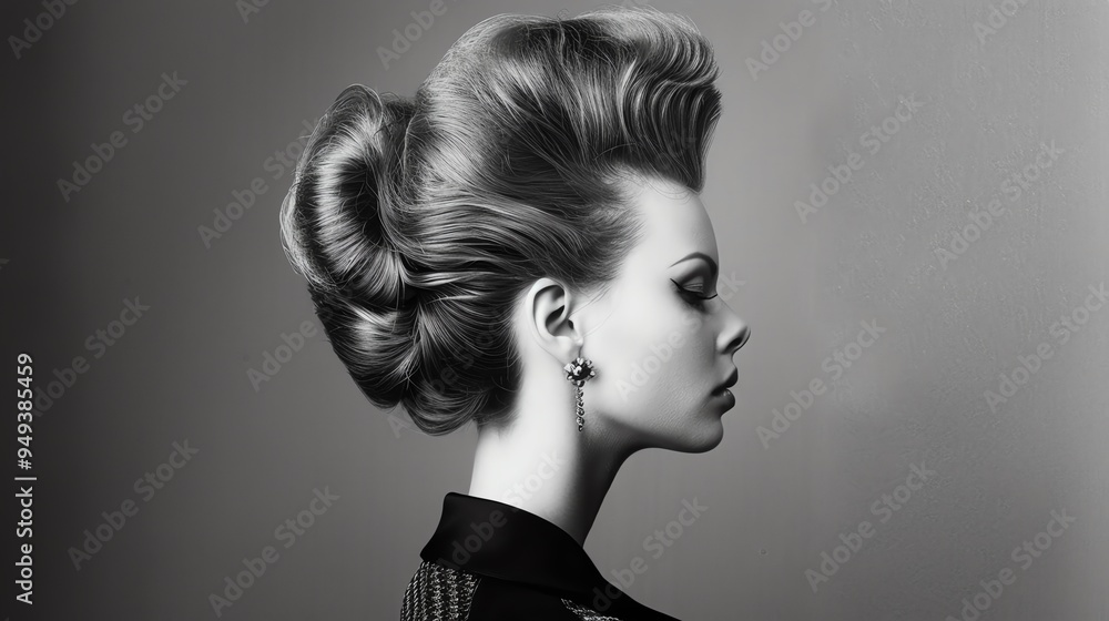 A person with a voluminous bouffant updo, featuring teased and lifted hair at the crown with the rest elegantly pinned back A person with a voluminous bouffant updo, featuring teased and lifted hair at the crown with the rest elegantly pinned back