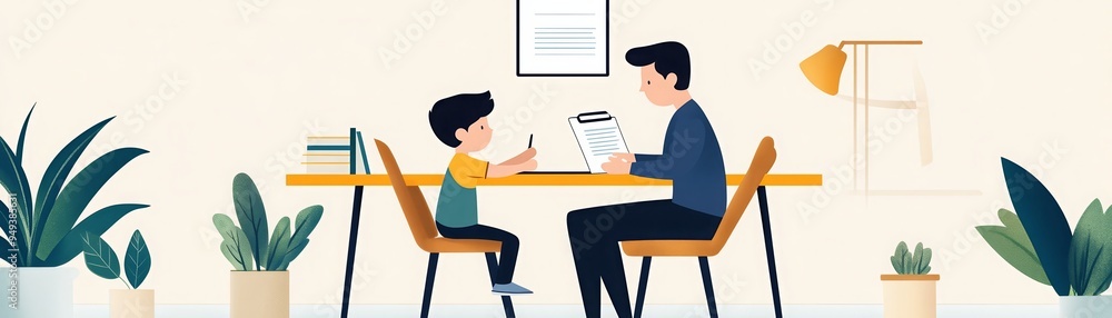 Illustration of a father helping his son with homework at a desk, surrounded by plants and books, emphasizing education and family bonding. Illustration of a father helping his son with homework at a desk, surrounded by plants and books, emphasizing education and family bonding.