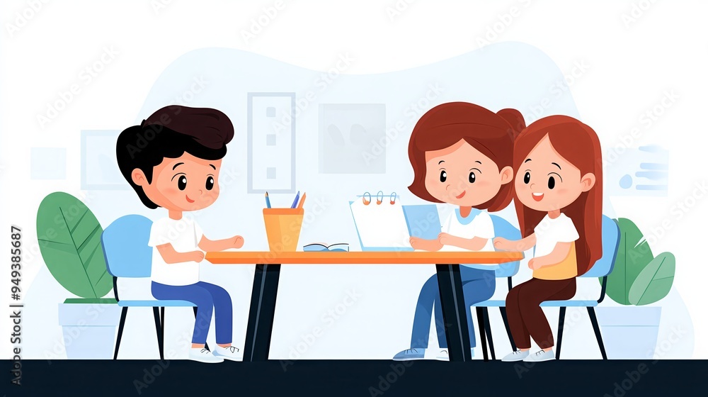 Illustration of three kids studying together at a table, engaging in group learning in a classroom setting with plants and decor. Illustration of three kids studying together at a table, engaging in group learning in a classroom setting with plants and decor.