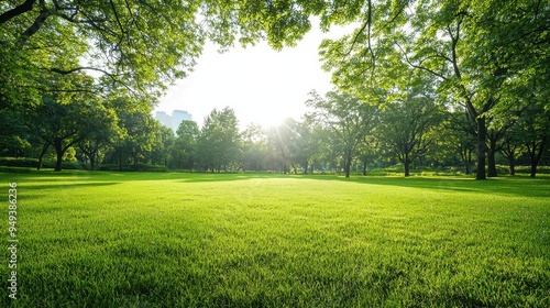 Green Grass Lawn in City Park With Trees and Sunbeams