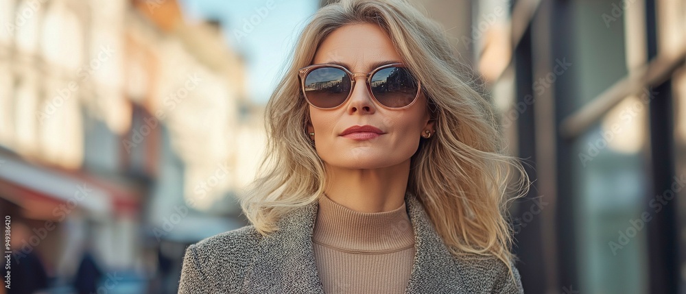 A mature, middle-aged woman with blond hair and sunglasses is seen strolling through the city streets while shopping outside. A mature, middle-aged woman with blond hair and sunglasses is seen strolling through the city streets while shopping outside.
