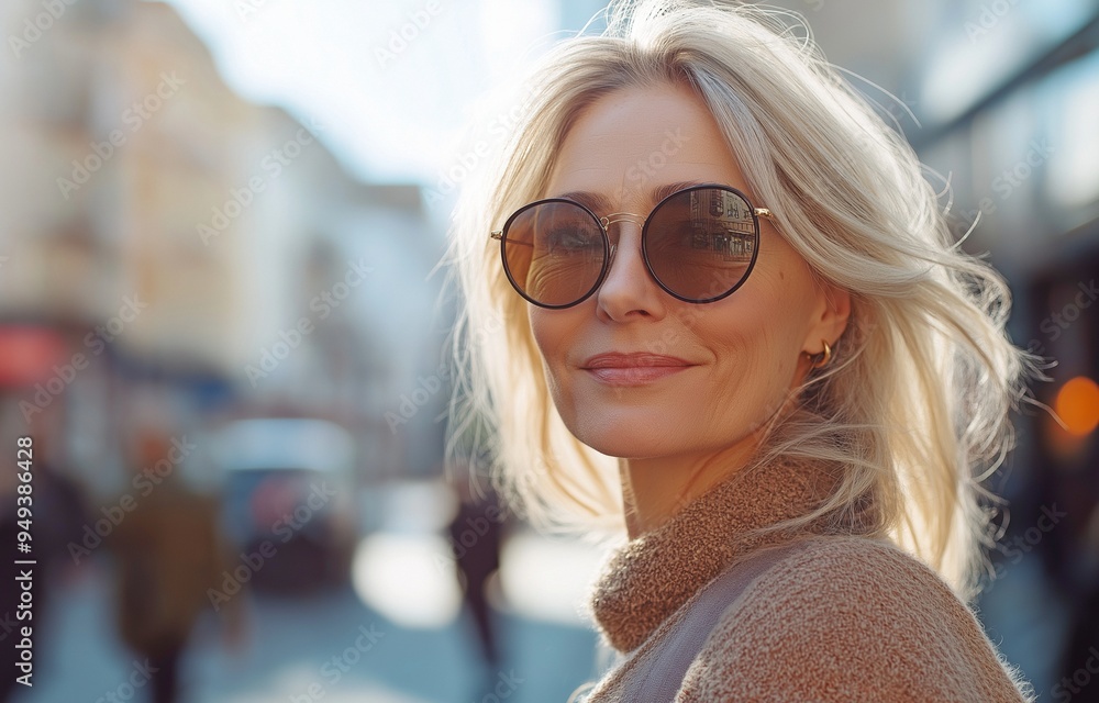 A mature, middle-aged woman with blond hair and sunglasses is seen strolling through the city streets while shopping outside. A mature, middle-aged woman with blond hair and sunglasses is seen strolling through the city streets while shopping outside.