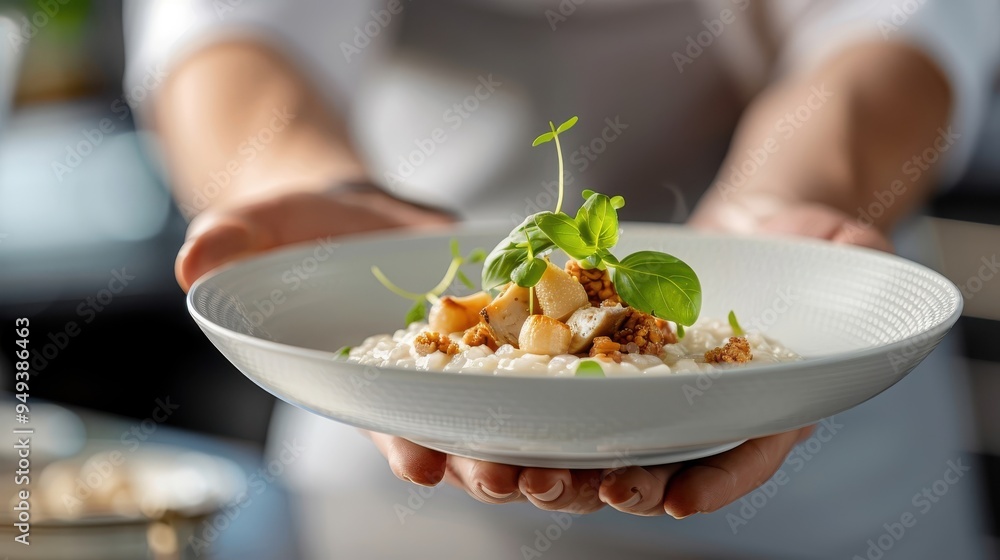 Gourmet dish featuring Lion's Mane mushrooms, such as risotto or an appetizer, with elegant presentation. Gourmet dish featuring Lion's Mane mushrooms, such as risotto or an appetizer, with elegant presentation.