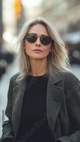 A mature, middle-aged woman with blond hair and sunglasses is seen strolling through the city streets while shopping outside.