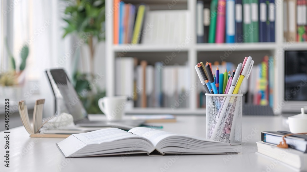 07231249 77. Minimalist white table in a modern study room, featuring an open book, a collection of pens and markers in a holder, a closed laptop, and plenty of empty space on the table surface, with 07231249 77. Minimalist white table in a modern study room, featuring an open book, a collection of pens and markers in a holder, a closed laptop, and plenty of empty space on the table surface, with