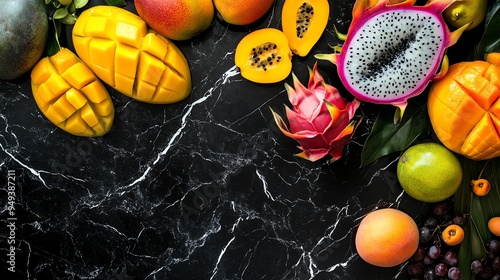 Vibrant tropical fruits on black marble background. Fresh and colorful assortment including mango, dragon fruit, and papaya. photo