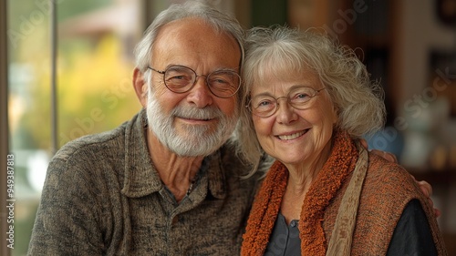 An image of a joyful elderly Caucasian couple, their spouses, grandparents, and the camera