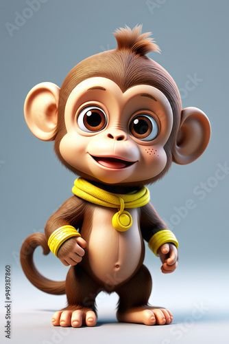 Solid color background cute monkey standing Q version stereoscopic portrait