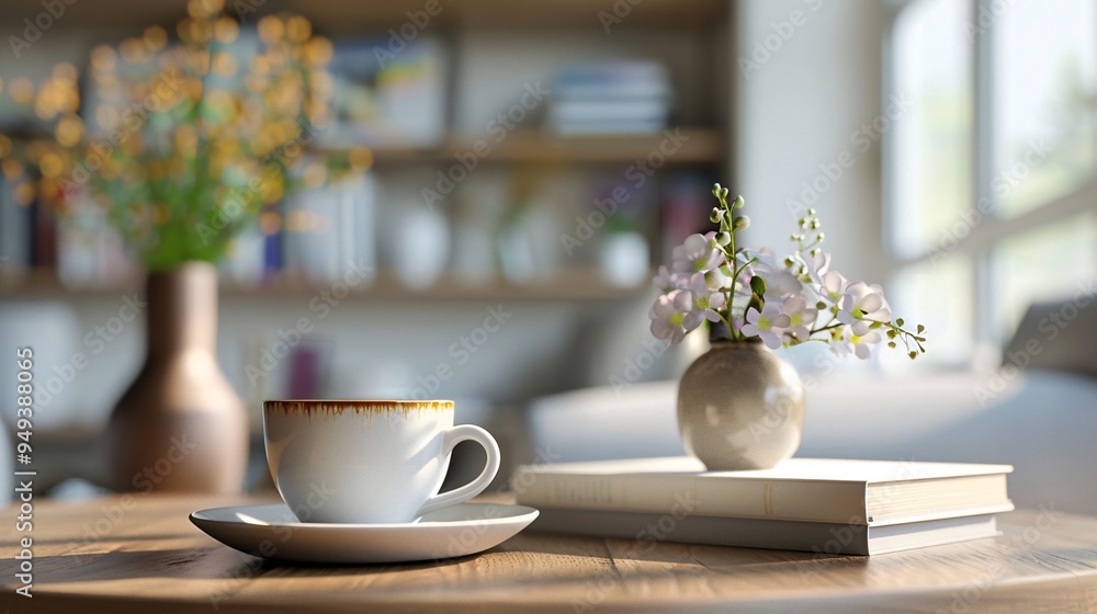 07231249 95. Realistic 3D illustration of a wooden tabletop featuring a coffee cup, a collection of books, and elegant flower vases, with ample product display space, set against a blurred and 07231249 95. Realistic 3D illustration of a wooden tabletop featuring a coffee cup, a collection of books, and elegant flower vases, with ample product display space, set against a blurred and