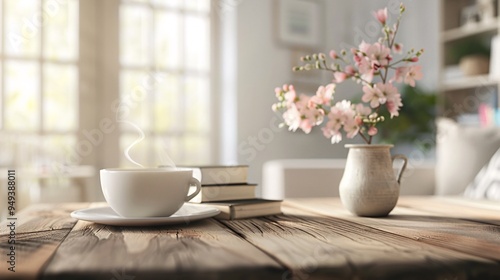 07231249 94. High-detail 3D render of a wooden tabletop showcasing a coffee cup, books, and decorative flower vases, with clear space for product display, surrounded by a softly blurred Scandinavian