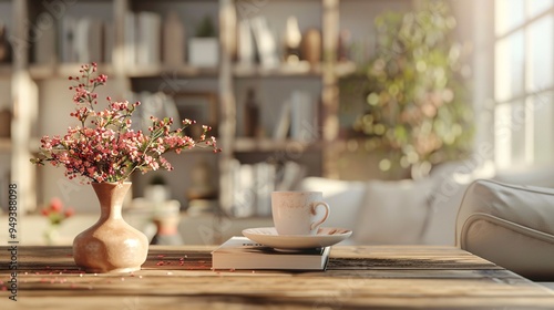 Wallpaper Mural 07231249 95. Realistic 3D illustration of a wooden tabletop featuring a coffee cup, a collection of books, and elegant flower vases, with ample product display space, set against a blurred and Torontodigital.ca