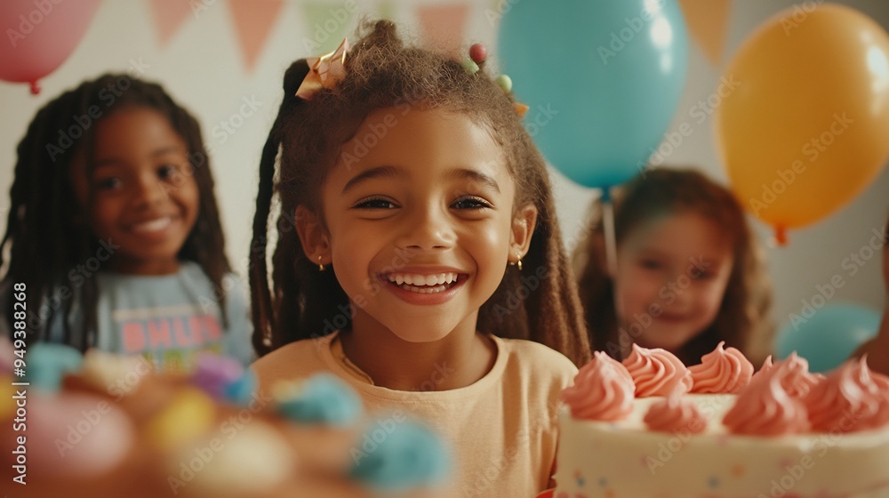 Diverse group of children celebrating a birthday party with balloons ...
