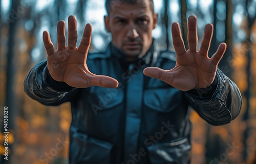 A private law enforcement agent shooing trespassers away with their hands photo