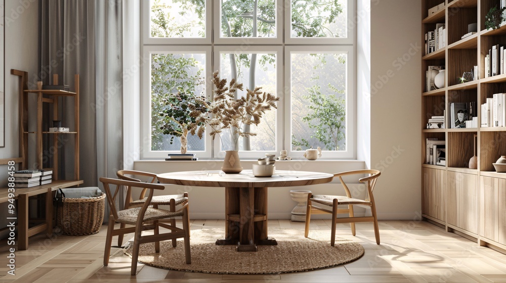 Obraz premium 07231249 102. High-detail 3D illustration of a minimalistic Scandinavian living room with a wooden round table positioned near a large window, complemented by a well-stocked bookshelf, stylish wooden