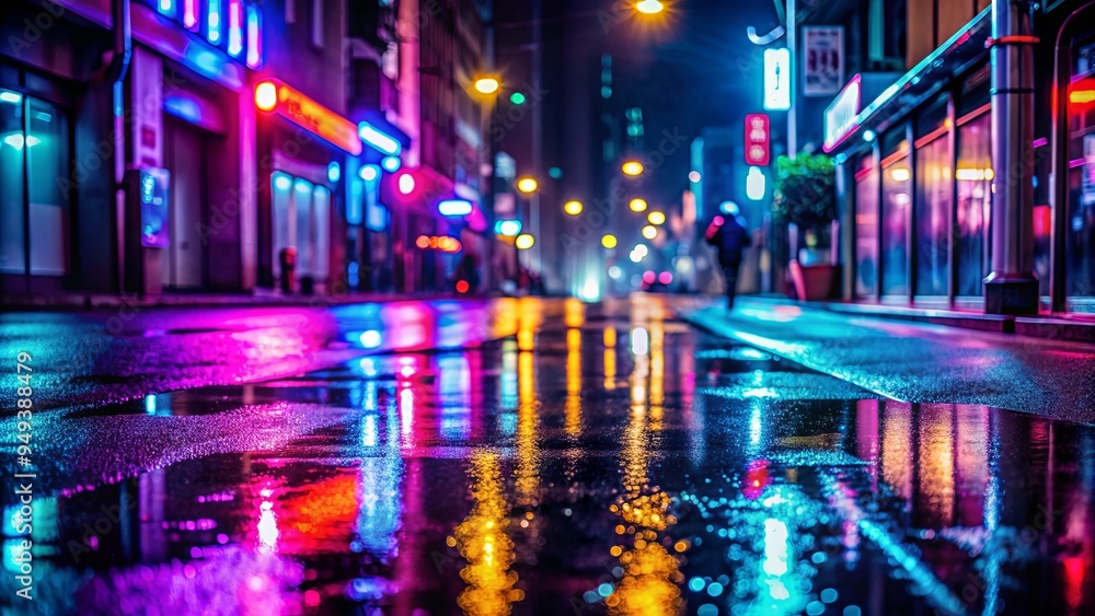 Empty wet street at night with neon lights reflecting on the asphalt Empty wet street at night with neon lights reflecting on the asphalt