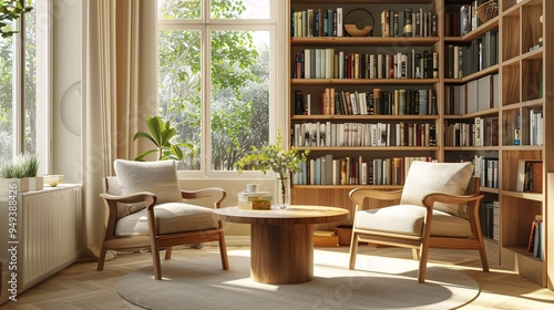 07231249 101. Interior design of a minimal Scandinavian living room featuring a wooden round table by the window, with natural light streaming in, surrounded by a bookshelf filled with books, wooden