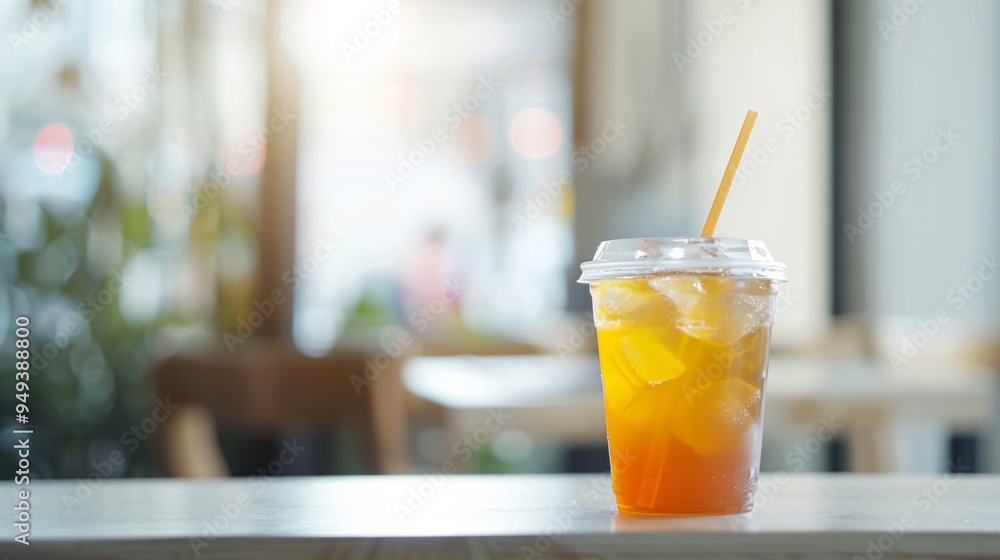 07231249 111. Banner with ample copy space, featuring a plastic cup of iced lemon tea with a brown plastic straw, set against a softly blurred white cafe background, with a blank white label on the 07231249 111. Banner with ample copy space, featuring a plastic cup of iced lemon tea with a brown plastic straw, set against a softly blurred white cafe background, with a blank white label on the